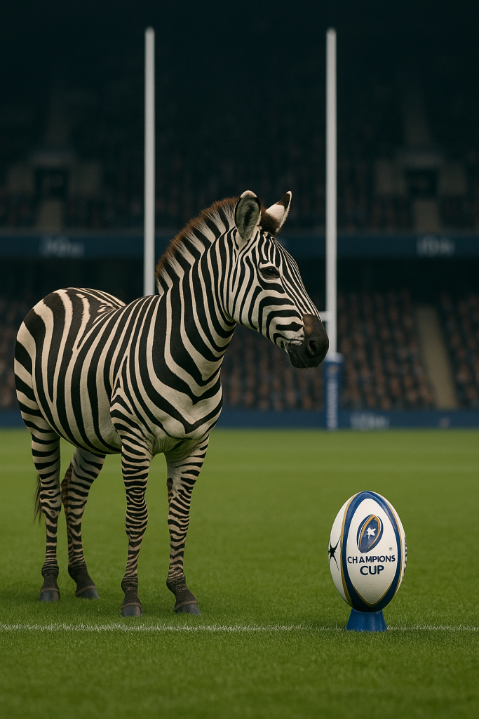Zebra mascot standing near rugby posts with EPCR-branded rugby ball ready for kick-off