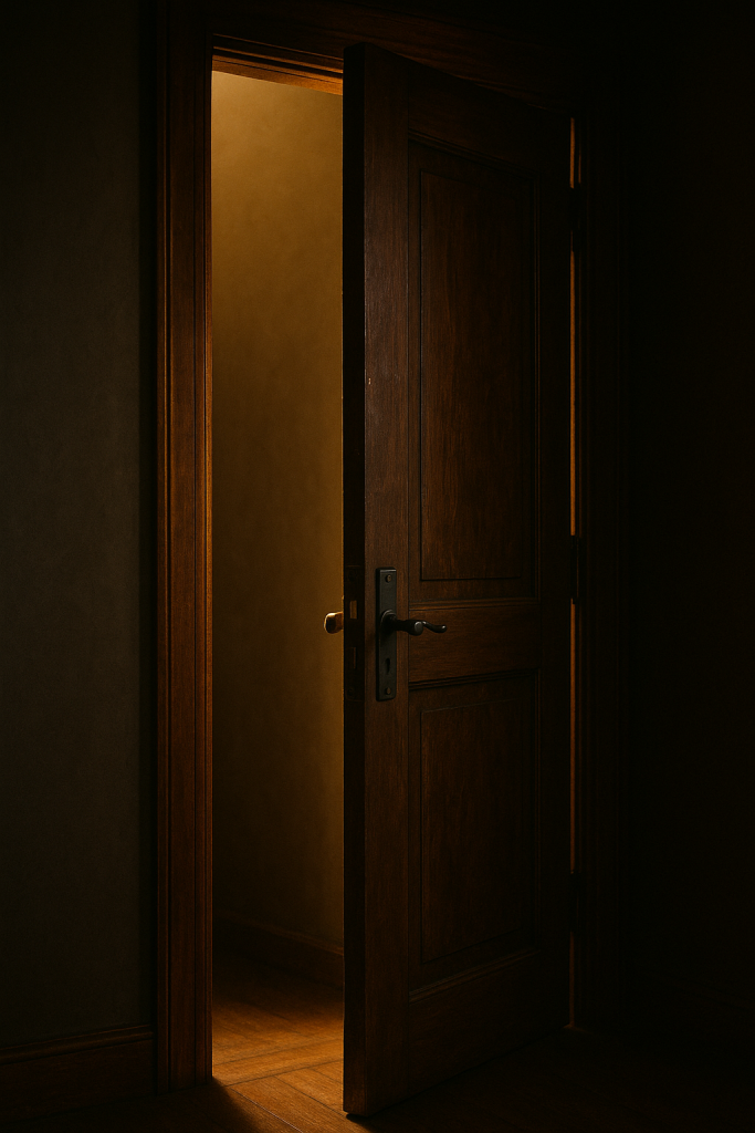 leaving door open, door partially open, door is ajar, walk in