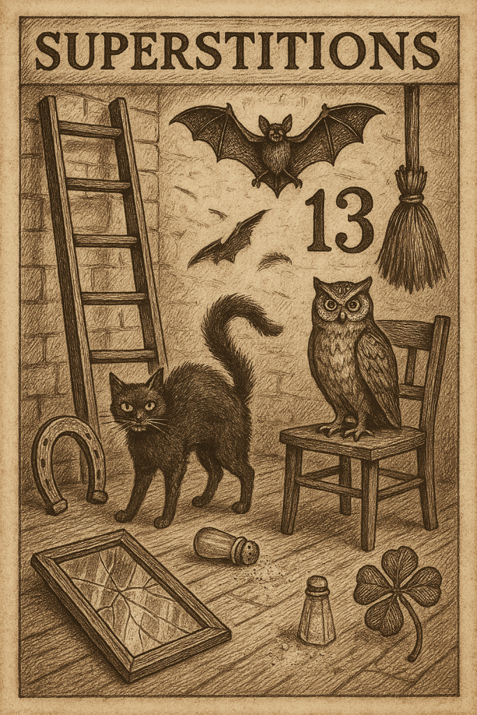 Superstition, black cats friday 13th, split salt, lucky clover, horseshoe