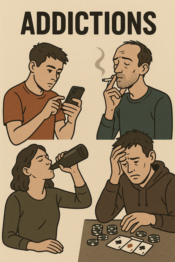 addictions, addiction, alcohol, smoking, social media, doom scrolling, gambling,