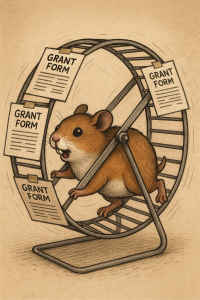 Grant funding process, small business stress, endless paperwork, entrepreneur running in circles, bureaucracy, funding application fatigue