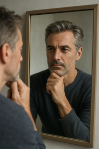 man looking in mirror, reflection, thinking