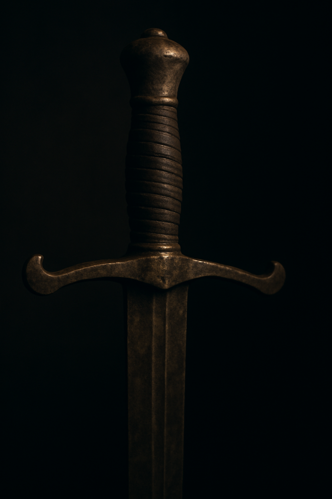 A sword hilt disappearing into shadow, symbolising what remains untold