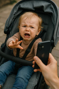 A young child in a pushchair reaches for a mobile phone held by a parent, showing early signs of frustration when the device is taken away.