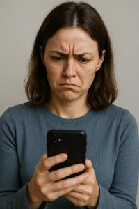 woman frowning at unwanted DMs,
