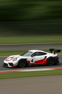 A GT car racing past the barriers with fans cheering trackside, blurred motion showing the speed and energy of race day.