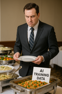 Business professional eyeing a buffet dish labelled AI Training Data, symbolising LinkedIn using profiles to feed generative AI.