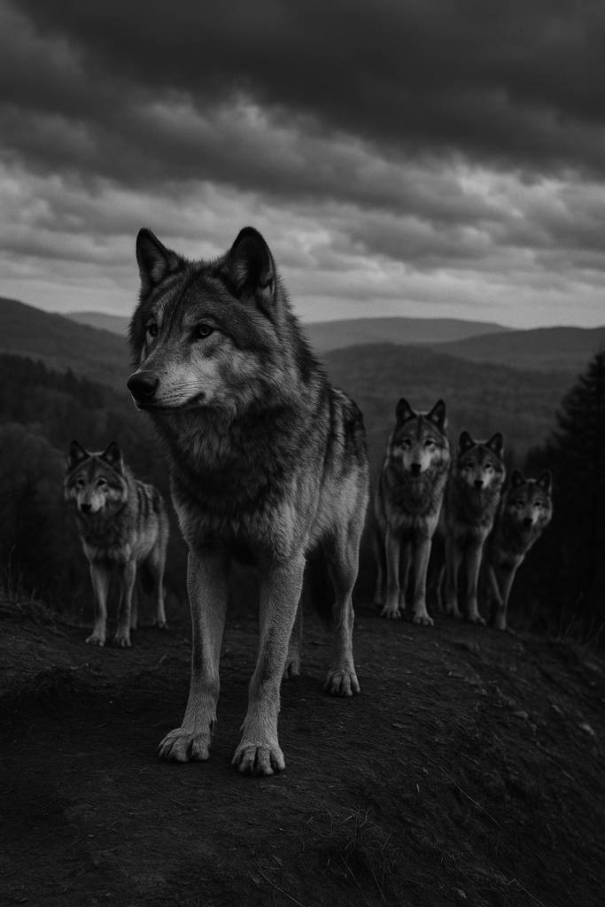 Alpha wolf leading its pack, symbol of natural authority and decisiveness. Ant Middleton, Roger Munk