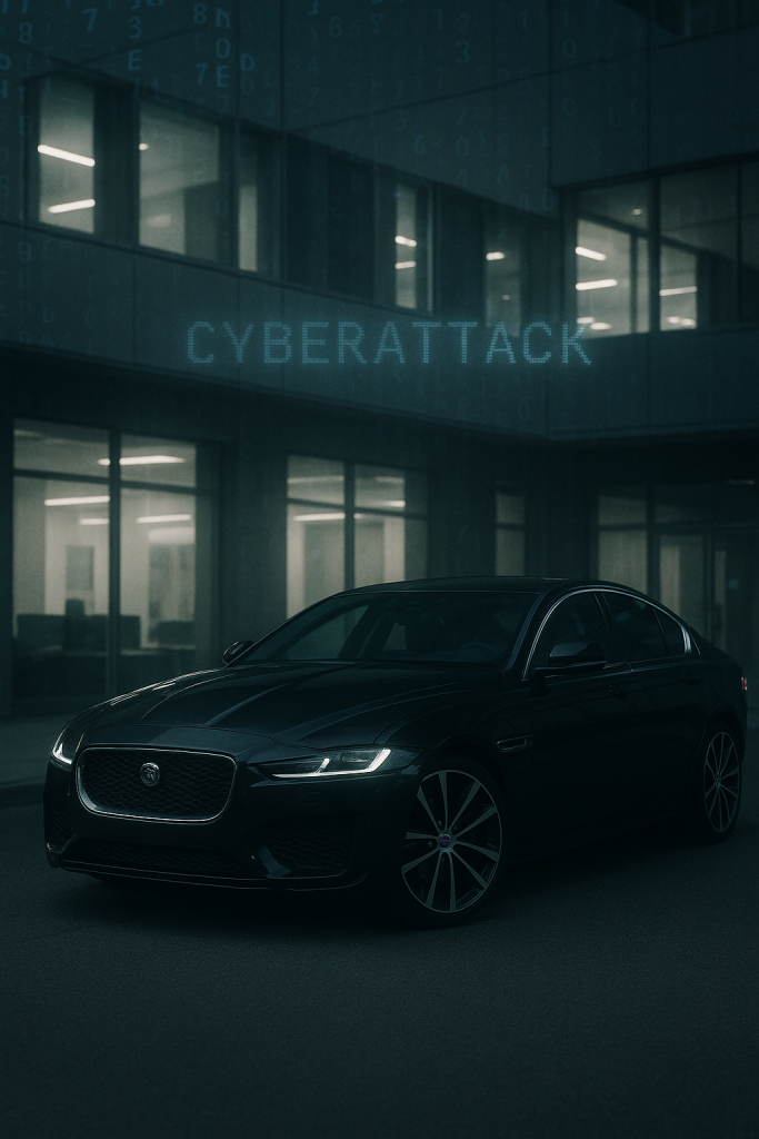 Jaguar car with digital code overlay representing cybersecurity breach at Jaguar Land Rover.