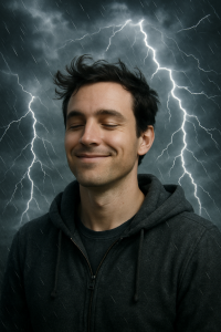 A person smiling calmly while a storm rages around them