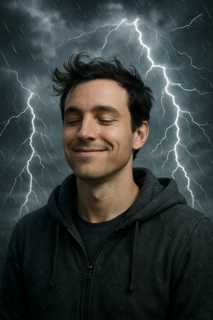 A person smiling calmly while a storm rages around them
