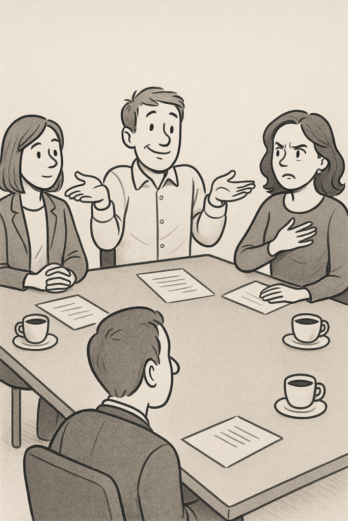 illustration of someone shrugging while another person looks dramatic or offended