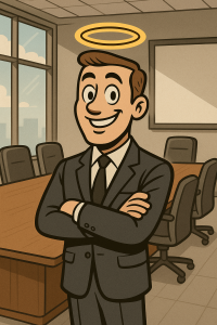 A well-dressed person smiling confidently in a boardroom, representing the halo effect of outward appearances masking underlying realities.