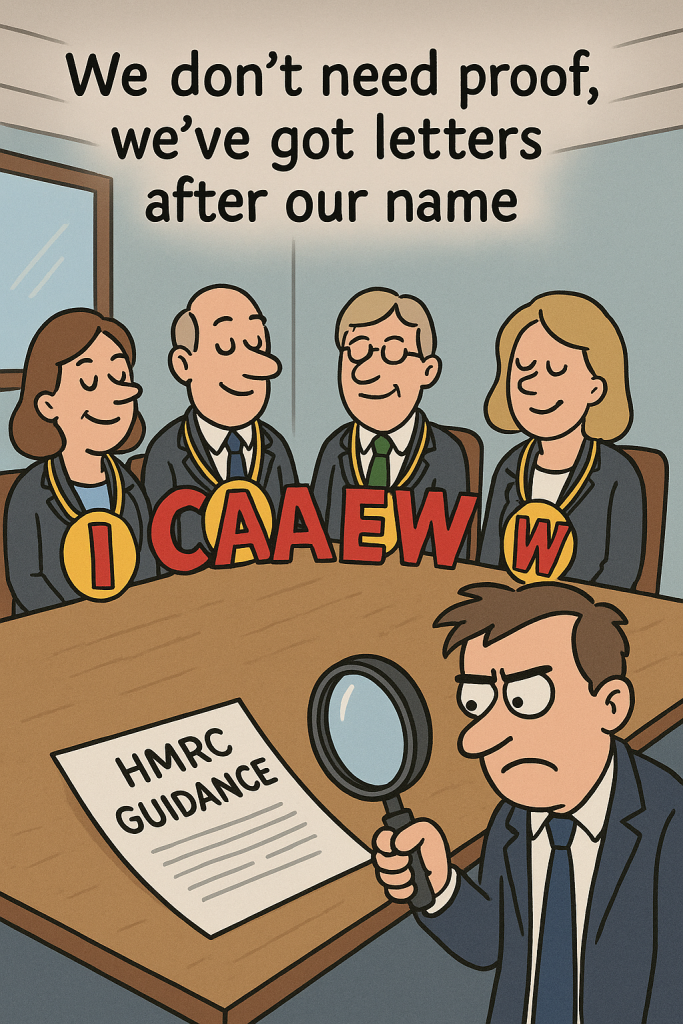 Cartoon boardroom with smug directors wearing oversized qualification letters and one director holding a magnifying glass over HMRC guidance