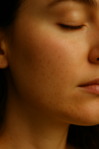 Natural close up of a woman’s cheek and jawline showing real skin texture, light blemishes and a warm flush, illustrating how heat, hormones and pores interact to trigger breakouts.