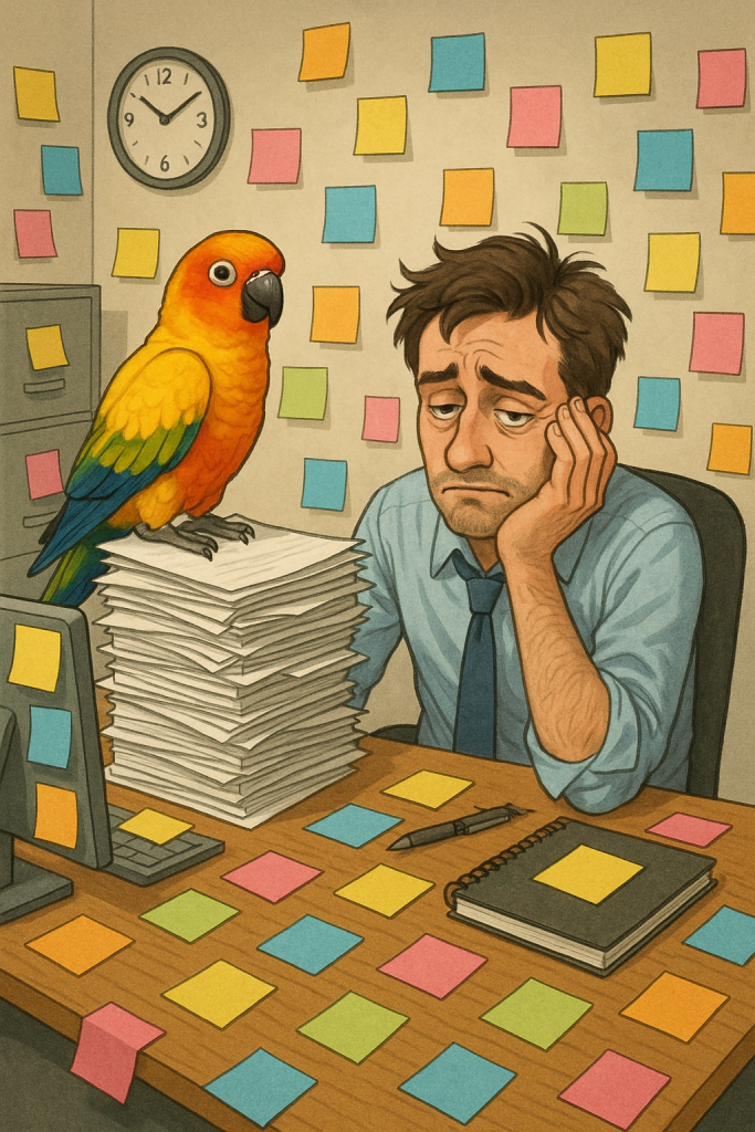 A stressed office worker at a cluttered desk staring at a brightly coloured parrot perched on a pile of papers,