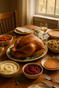 Thanksgiving table with a roast turkey and traditional side dishes