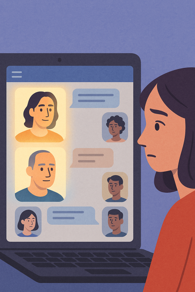 “Illustration of a group chat with two distinct male avatars and one female avatar observing, representing online social dynamics, comparison, and perceived exclusion