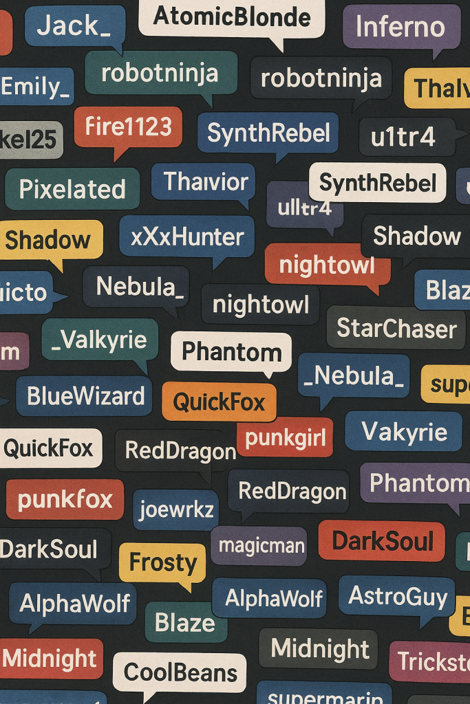 A collage of different screen snippets showing usernames in chats, forums, or gaming platforms.