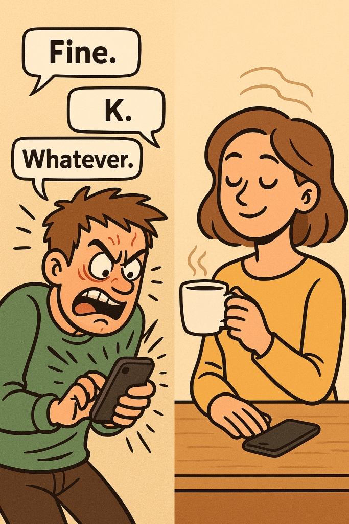 man typing multiple messages on his phone while unanswered chat bubbles float around him, contrasted with a relaxed woman ignoring her phone and drinking coffee.