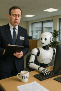 HMRC worker holding a clipboard and staring at a friendly office robot as if trying to figure out how to tax it