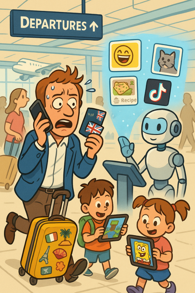 Illustration of a British tourist at airport customs, nervously handing over a phone displaying five years of social media posts to a calm AI scanner, while children show Minecraft and SpongeBob on tablets in the background.