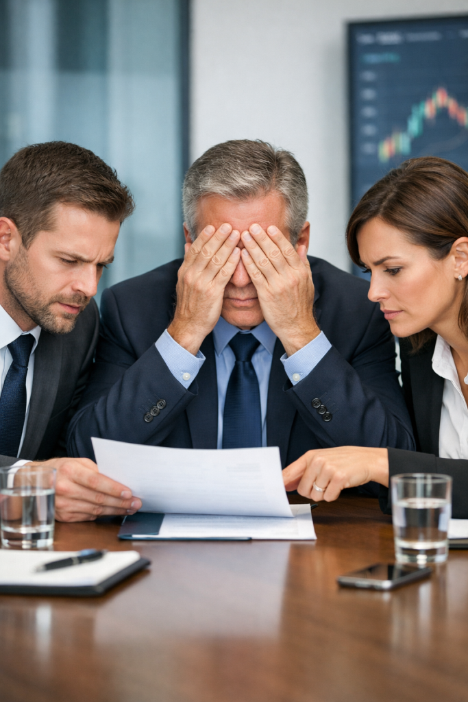 Three business professionals reviewing documents at a board table while one of them covers his eyes...