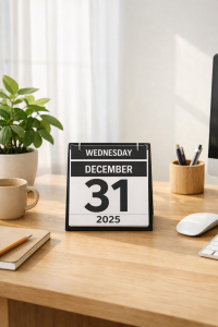 desk with a notebook and coffee, symbolising reflection and intention at year’s end