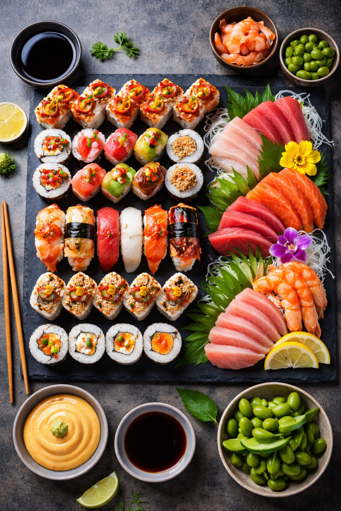 A colourful sushi platter with slices of raw fish (sashimi) arranged beside vinegared rice rolls