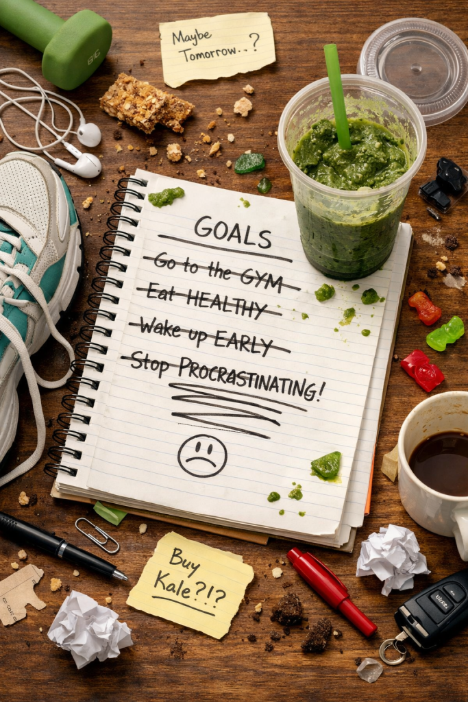 A messy scene of abandoned New Year’s resolutions,