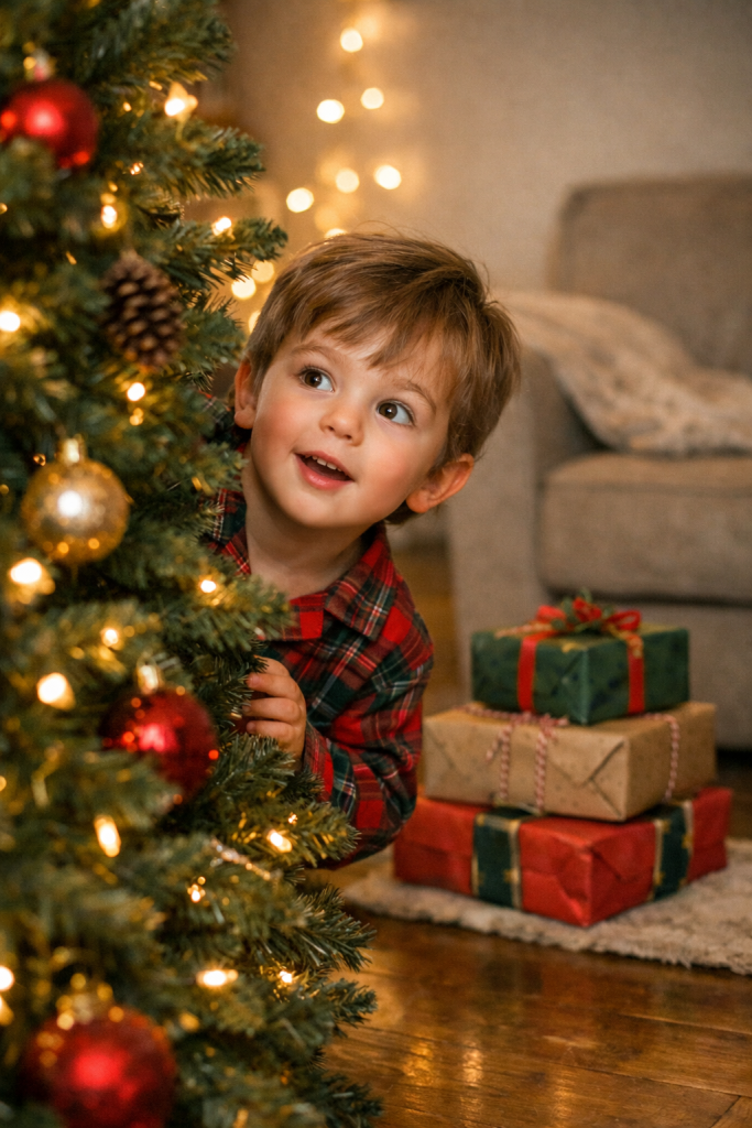 Child peeking around a Christmas tree with wide-eyed wonder, surrounded by twinkling lights and wrapped gifts, capturing the magic of belief and hope.