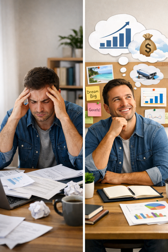 A professional person shifting from stress and overthinking to optimism and focus, visualizing success at work and in personal goals.