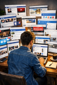 Person viewing multiple social media feeds on a laptop, illustrating online influence