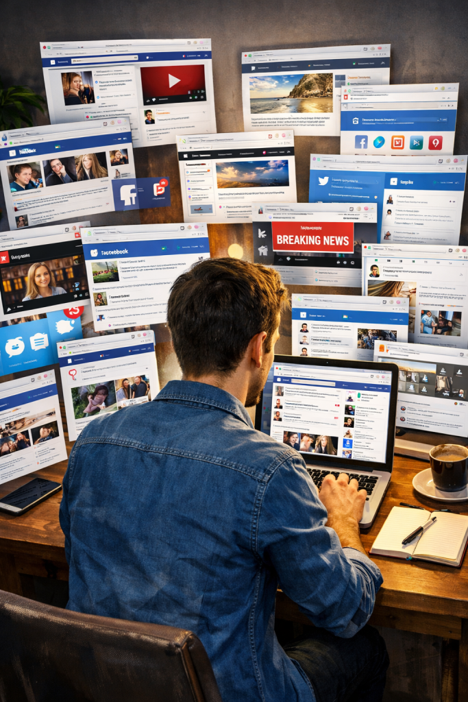 Person viewing multiple social media feeds on a laptop, illustrating online influence