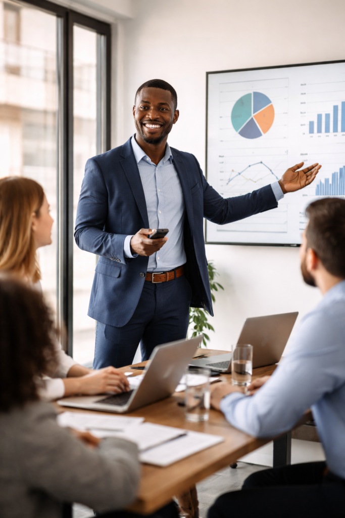 Professional confidently presenting to a small office team