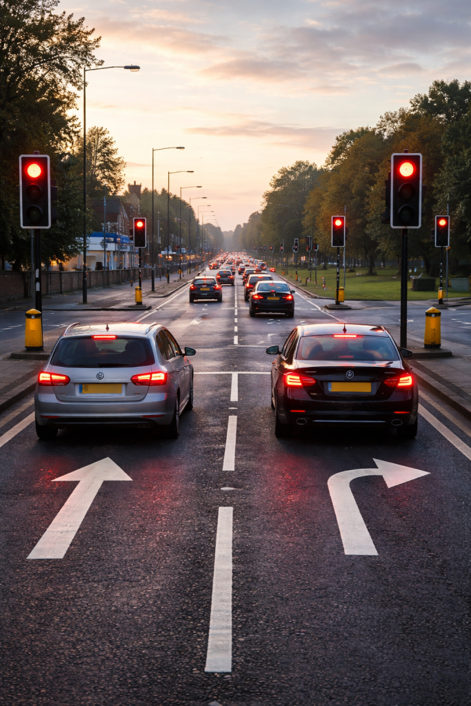 UK traffic lights with a straight ahead lane and a right turn lane, cars waiting at a junction in early morning light.
