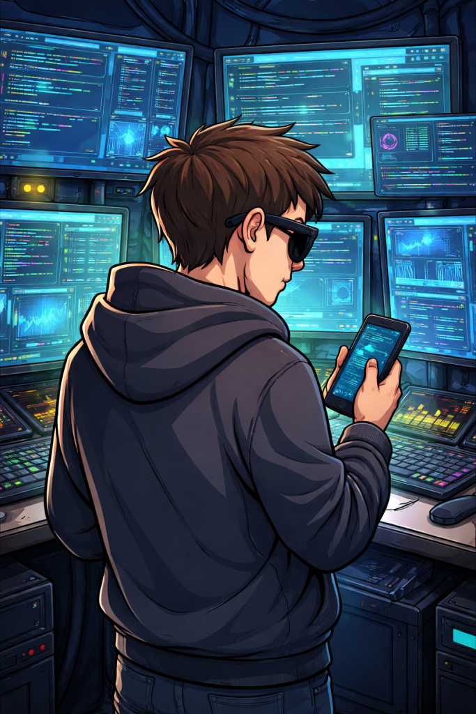 Online scammer in front of several PC screens whilst chatting on a mobile