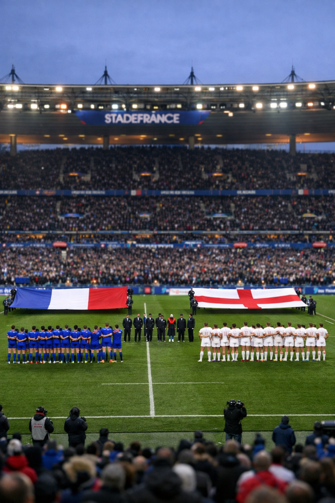 Six Nations rugby teams lined up for the national anthem in a packed winter stadium.