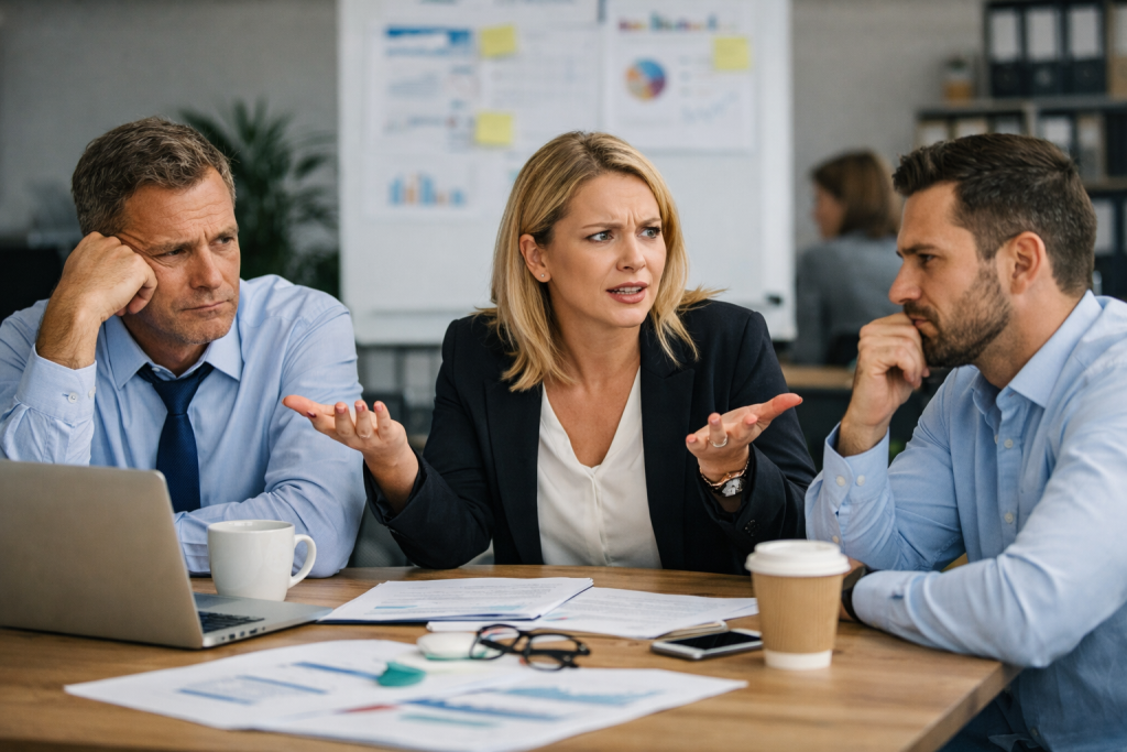 colleagues in an office showing visible frustration during a meeting, with documents on the table and whiteboards in the background.