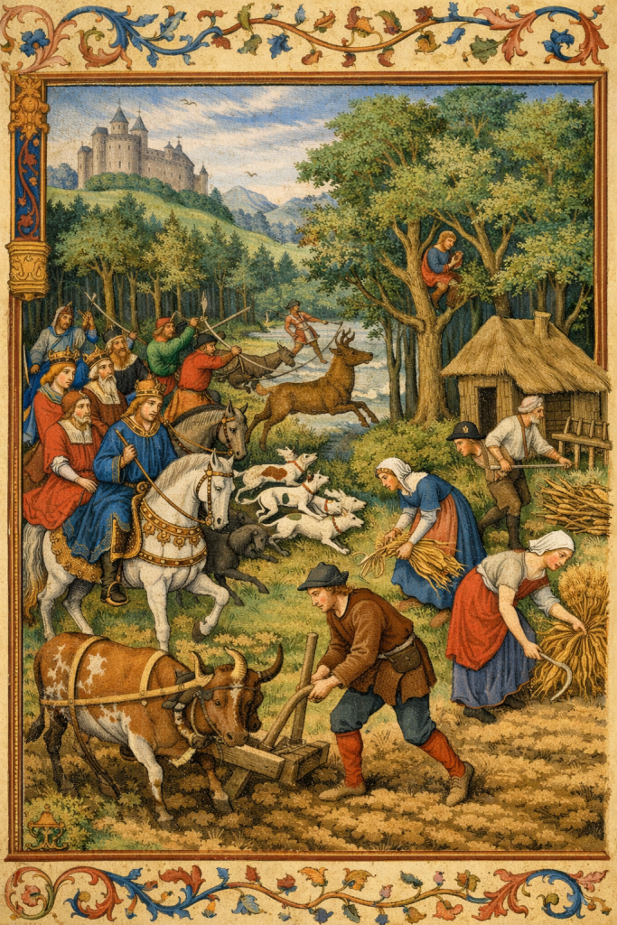 Medieval illustration of a Norman king hunting deer near villagers farming land inside a royal forest