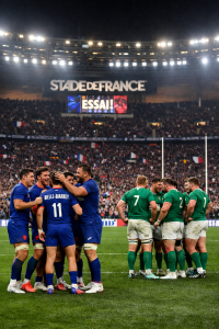 France celebrating a try against Ireland during the Six Nations opening match at the Stade de France.
