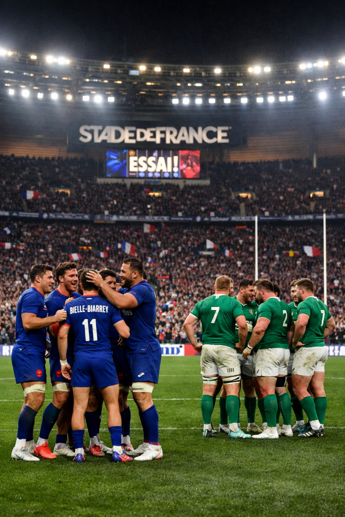 France celebrating a try against Ireland during the Six Nations opening match at the Stade de France.