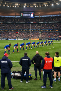 French rugby team and coaching staff during a Six Nations match showing organisation and structure