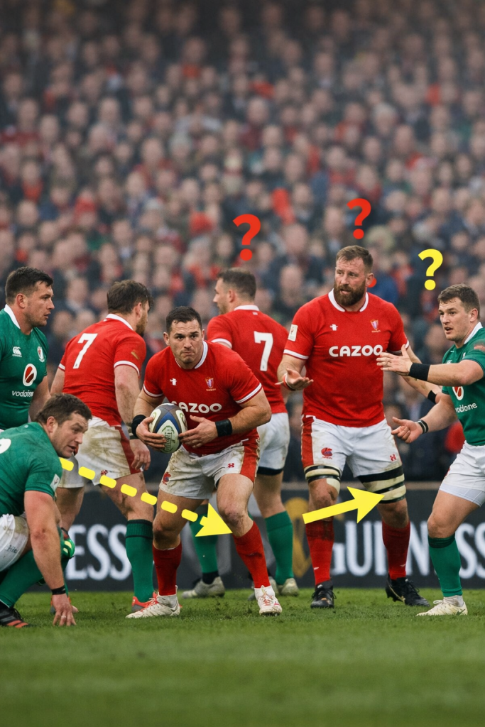 Rugby players hesitating during a Six Nations match, illustrating challenges of unstructured play.