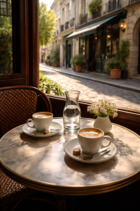 A quiet café table with two untouched coffees, sunlight through a window, no people in frame.