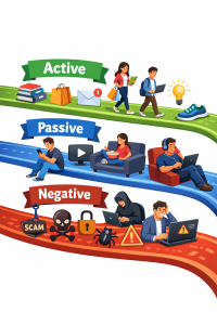 Diagram of active, passive, and harmful online behaviours