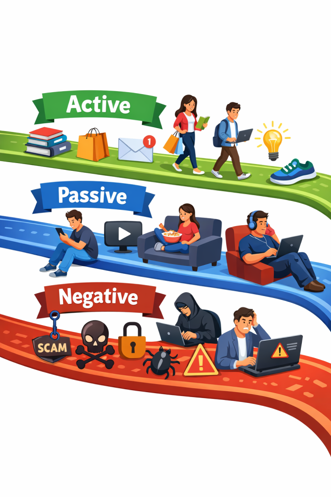 Diagram of active, passive, and harmful online behaviours
