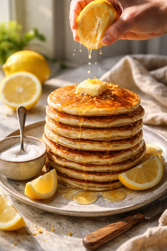 Stack of pancakes with lemon and sugar on Pancake Day
