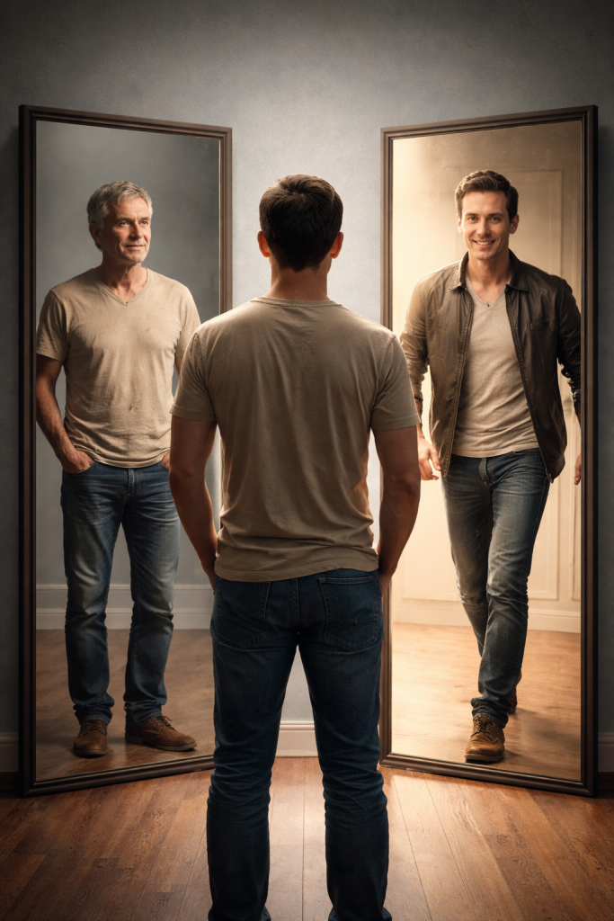 Person standing between two mirrors reflecting an older self and a newer, more confident version stepping forward.