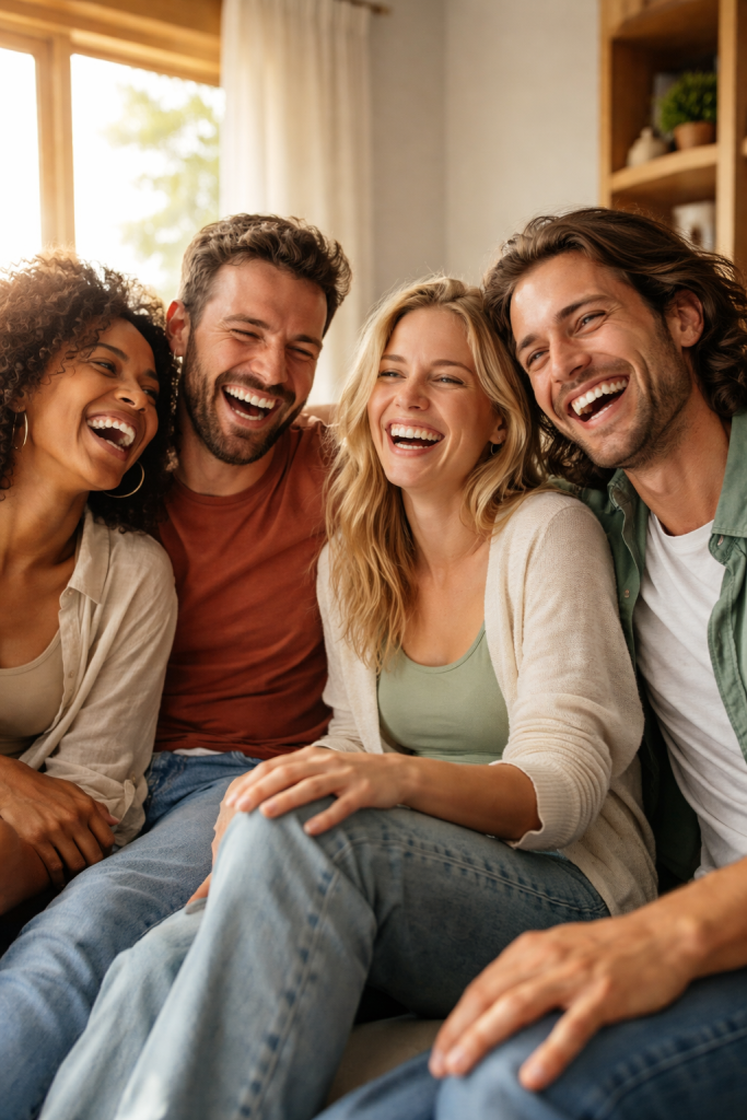 A group of close friends laughing together in a relaxed, joyful moment that reflects strong bonds and shared history
